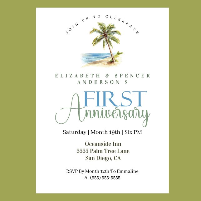 Beach Palm Tree 1st Wedding Anniversary Invitation (Tropical beach palm tree 1st wedding anniversary invitation coastal seaside celebration
)