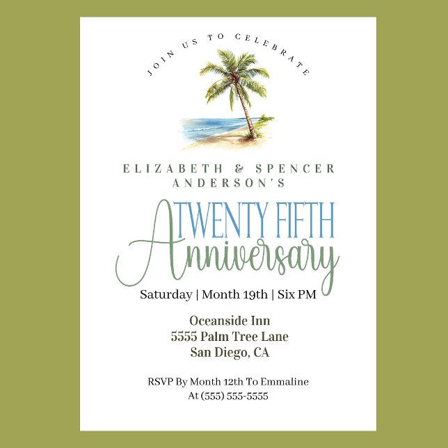 Beach Palm Tree 25th Wedding Anniversary Invitation (Tropical beach palm tree 25th wedding anniversary invitation coastal seaside celebration
)