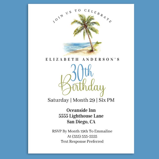 Beach Palm Tree 30th Birthday Invitation (Tropical beach palm tree 30th birthday invitation)