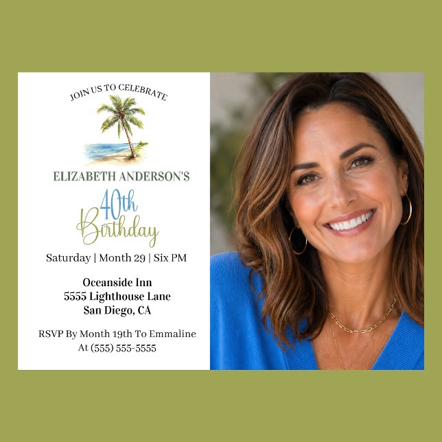 Beach Palm Tree 40th Birthday Photo Invitation (Tropical beach palm tree 40th birthday photo invitation for woman coastal party
)