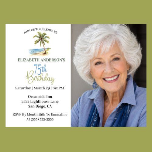Beach Palm Tree 75th Birthday Photo Invitation