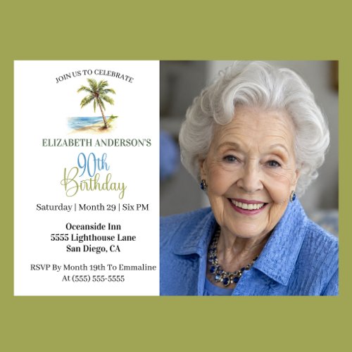 Beach Palm Tree 90th Birthday Photo Invitation