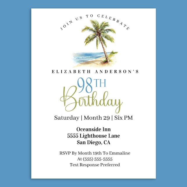 Beach Palm Tree 98th Birthday Invitation (Tropical beach palm tree 98th birthday invitation 
)