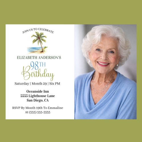 Beach Palm Tree 98th Birthday Photo Invitation