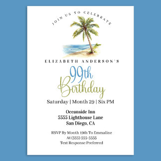 Beach Palm Tree 99th Birthday Invitation