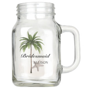 Beach Palm Tree Bridesmaid Wedding Favor Mason Jar