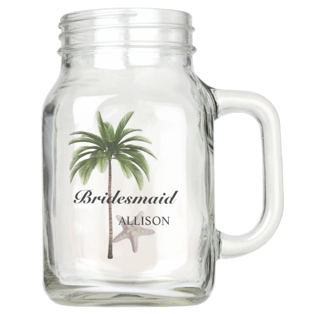 Beach Palm Tree Bridesmaid Wedding Favor Mason Jar (Front)