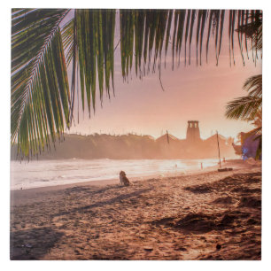 Beach Palm Tree Calm Sunset Ceramic Tile