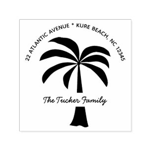 Beach Palm Tree Family Name Return Address Black Self-inking Stamp