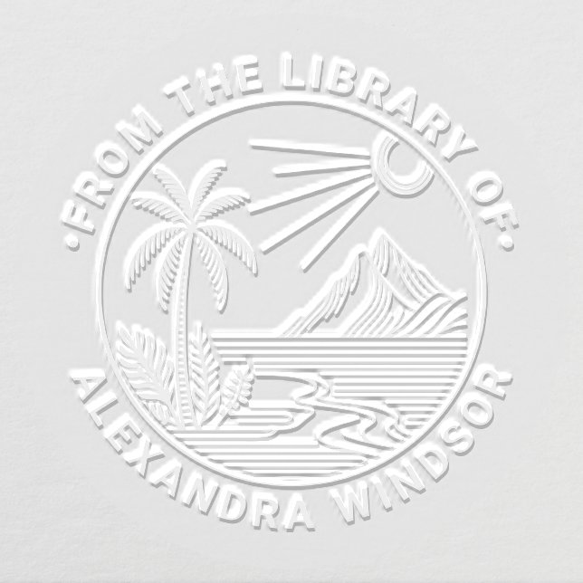 Beach Palm Tree Mountain Sun Library Book Name Embosser (Design)