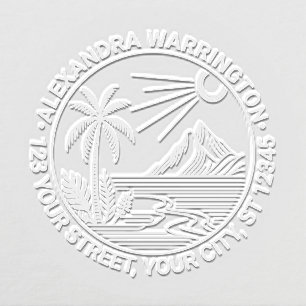 Beach Palm Tree Mountain Sun Name Return Address Embosser