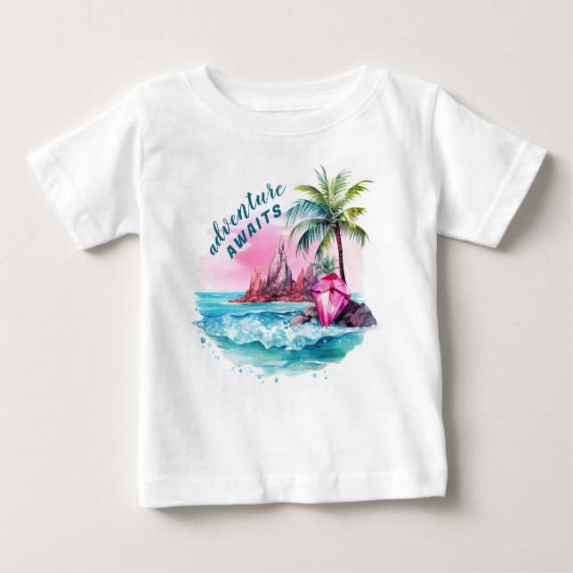 Beach Palm Tree Mountain View Adventure Awaits Baby T-Shirt (Front)