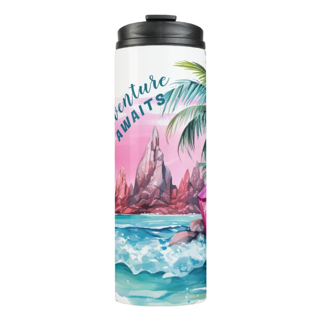 Beach Palm Tree Mountain View Adventure Awaits Thermal Tumbler (Front)