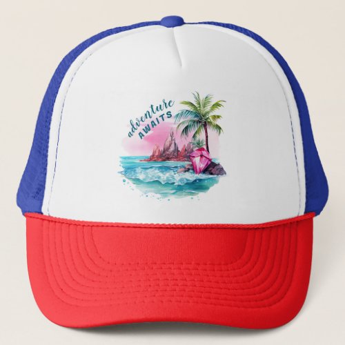 Beach Palm Tree Mountain View Adventure Awaits Trucker Hat
