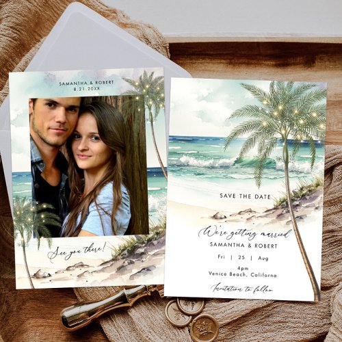 beach palm tree photo save the date card