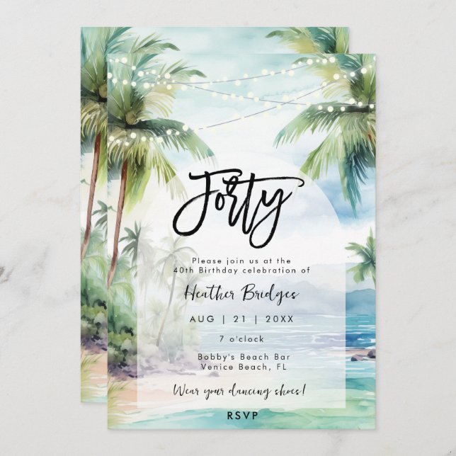 beach palm trees 40th birthday party invitation (Front/Back)