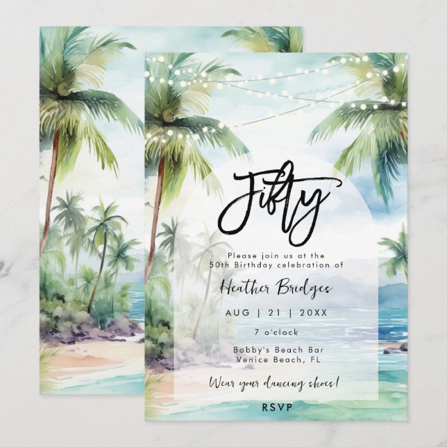beach palm trees 50th birthday party invitation (Front/Back)