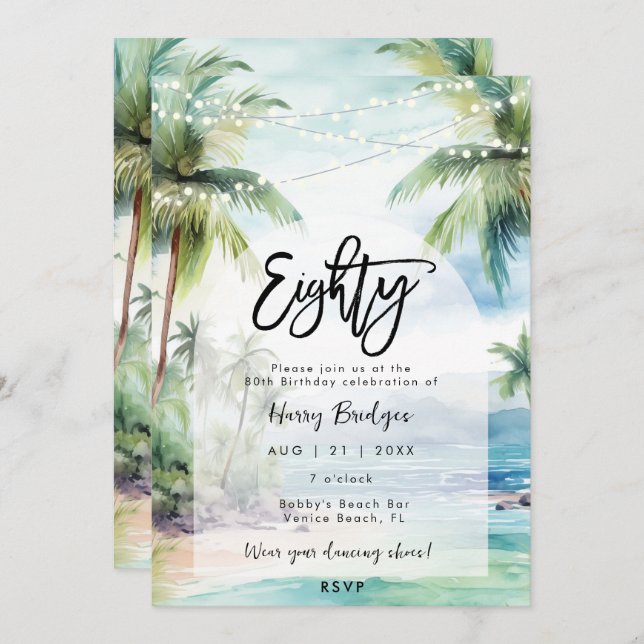beach palm trees 80th birthday party invitation (Front/Back)