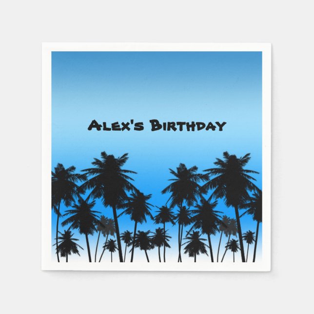 Beach Palm Trees Black & Blue Birthday Party Napkins (Front)