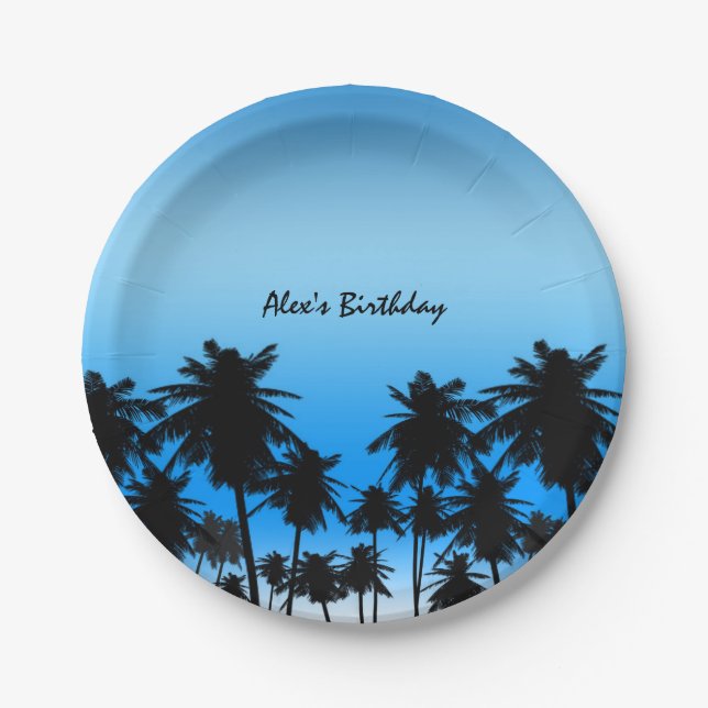 Beach Palm Trees Black & Blue Birthday Party Paper Plates (Front)