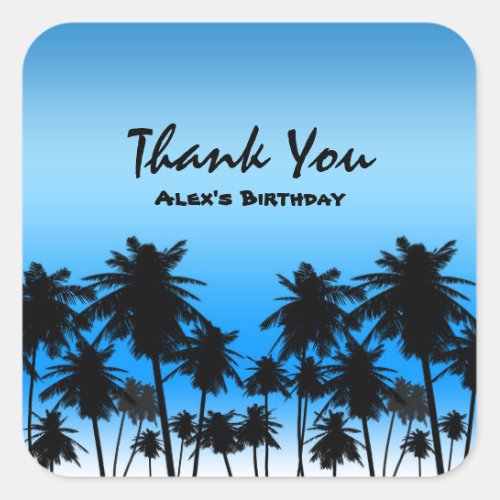 Beach Palm Trees Black  Blue Birthday Party Square Sticker