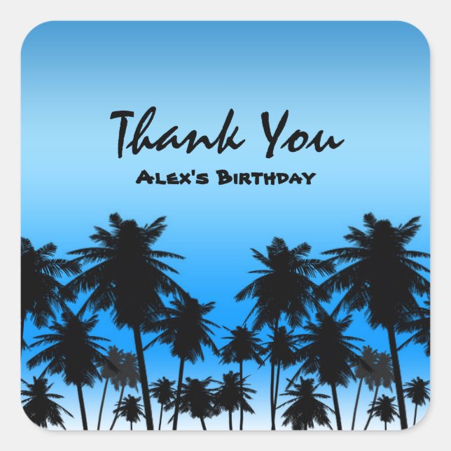 Beach Palm Trees Black & Blue Birthday Party Square Sticker (Front)
