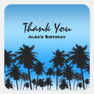 Beach Palm Trees Black & Blue Birthday Party Square Sticker