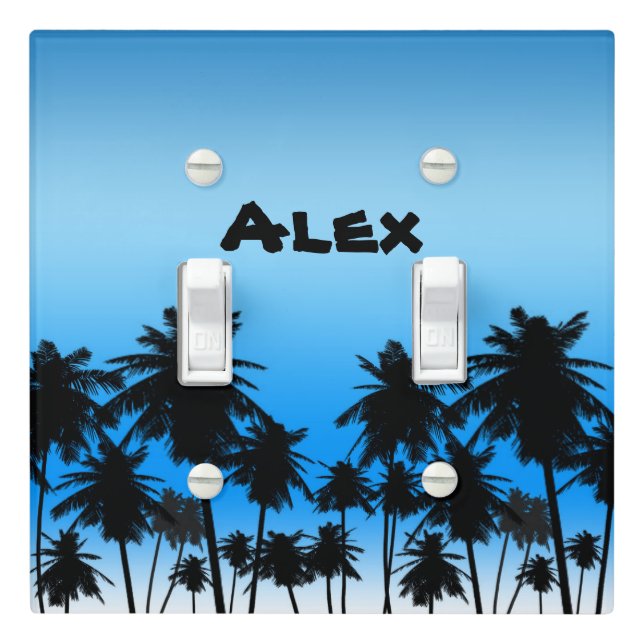 Beach Palm Trees Black & Blue Tropical Light Switch Cover (In Situ)