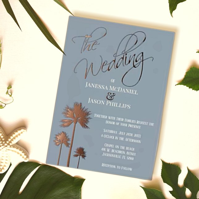 Beach Palm Trees Dusty Blue Tropical Wedding  Foil Invitation (Creator Uploaded)