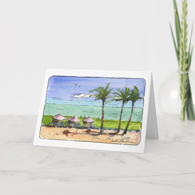 Beach & Palm Trees Folded Note Card (Front)