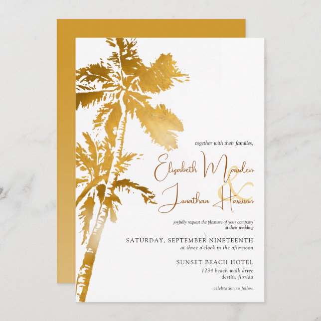 Beach Palm Trees Gold Tropical Destination  Invitation (Front/Back)