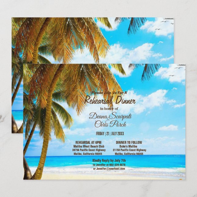 Beach, Palm Trees Ocean Destination Rehearsal Invitation (Front/Back)