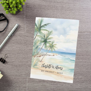 Beach palm trees ocean waves name script pocket folder
