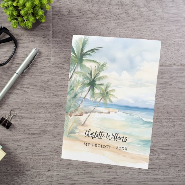 Beach palm trees ocean waves name script pocket folder (Creator Uploaded)