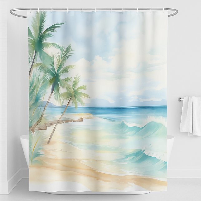 Beach palm trees ocean waves shower curtain (Creator Uploaded)