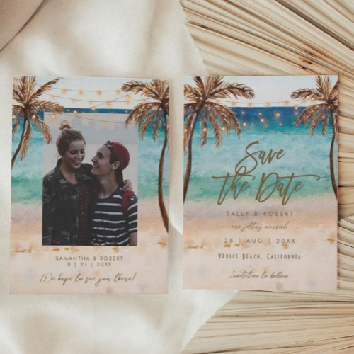 beach palm trees photo save the date card