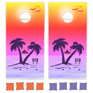 Beach Palm Trees Purple Pink Sun Cornhole Set