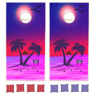 Beach Palm Trees Purple Red Sun Cornhole Set
