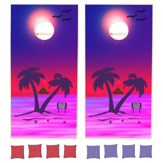 Beach Palm Trees Purple Red Sun Cornhole Set (Set)
