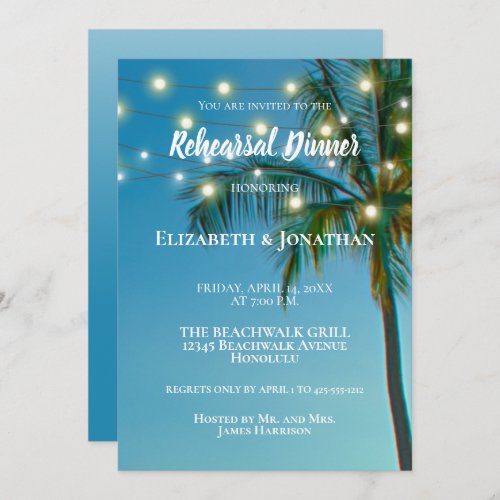 Beach Palm Trees String Lights Rehearsal Dinner Invitation