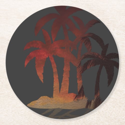 Beach Palm Trees Sunset Round Paper Coaster