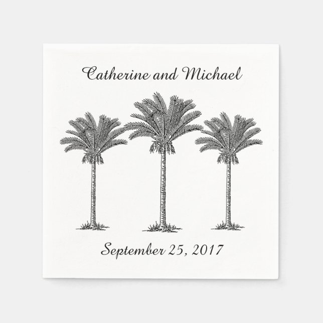 Beach Palm Trees Tropical Black White Wedding Paper Napkins (Front)