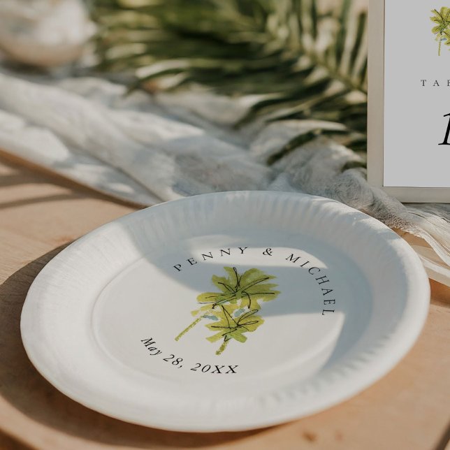 Beach Palm Trees Tropical Minimal Paper Plates (Tropical beach watercolor palm trees chic wedding paper plates.)