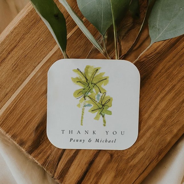 Beach Palm Trees Tropical Thank You Favor Square Sticker (Beach Palm Trees Tropical Thank You Favor Square Sticker)