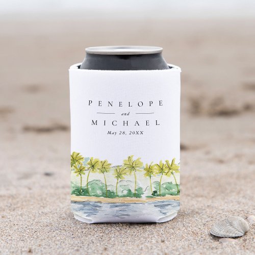 Beach Palm Trees Tropical Watercolor Wedding Can Cooler
