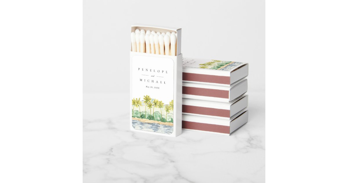 Beach Palm Trees Tropical Watercolor Wedding Favor Matchboxes | Zazzle