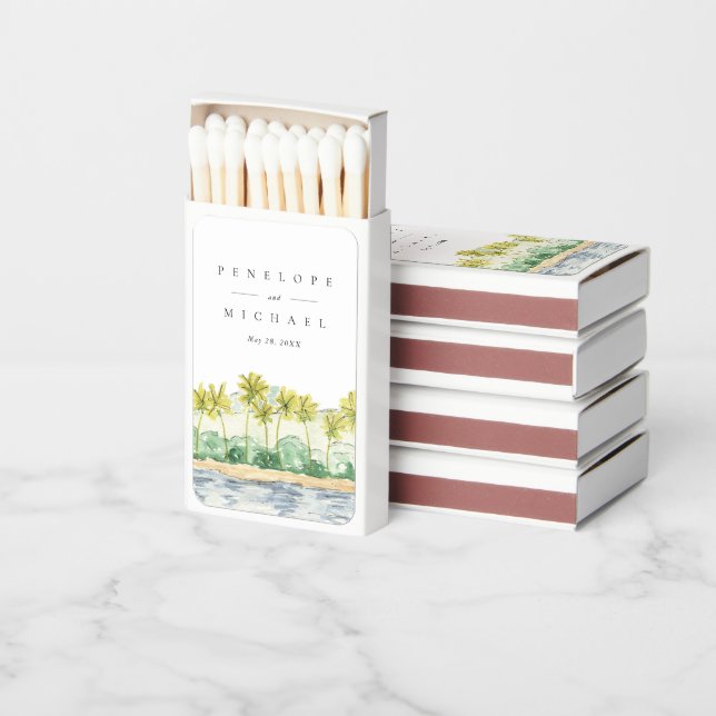 Beach Palm Trees Tropical Watercolor Wedding Favor Matchboxes (Stacked)