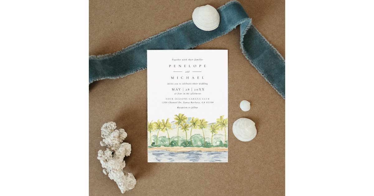 Beach Palm Trees Tropical Watercolor Wedding Invitation | Zazzle