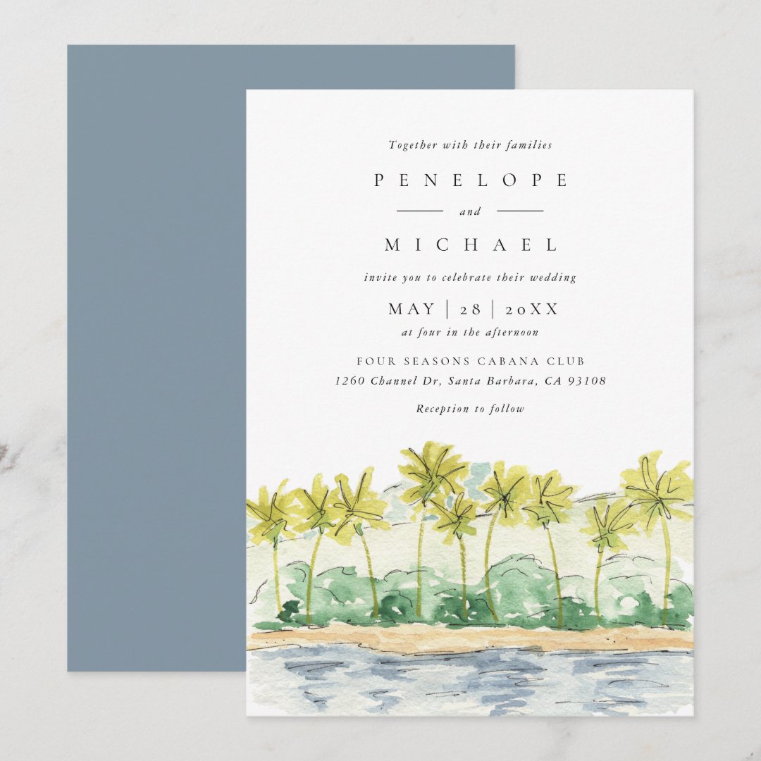Beach Palm Trees Tropical Watercolor Wedding Invitation | Zazzle