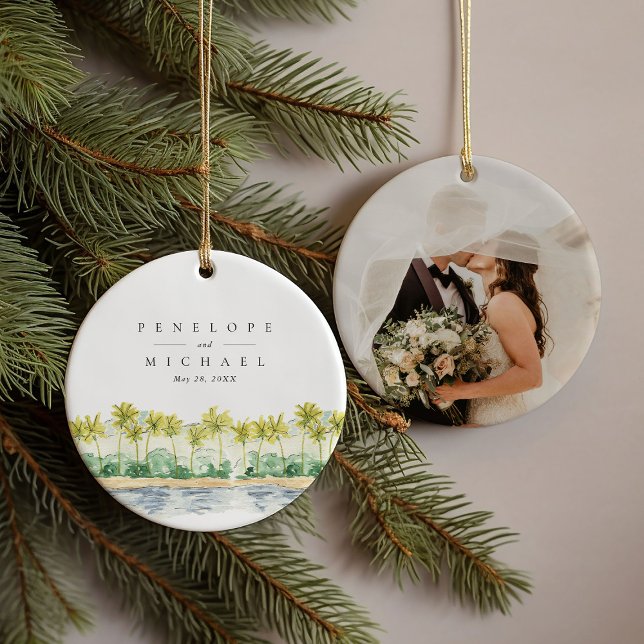Beach Palm Trees Tropical Watercolor Wedding Photo Ceramic Ornament (Beach Palm Trees Tropical Watercolor Wedding Photo Ceramic Ornament)